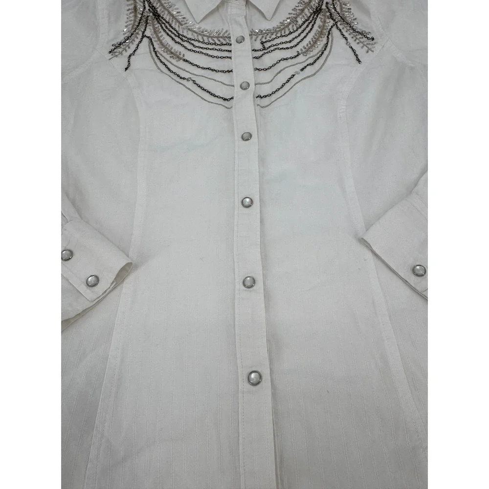 Y2K Reba Western Shirt Womens‎ Medium White Rhinestone Chain Cotton Pearl Snap